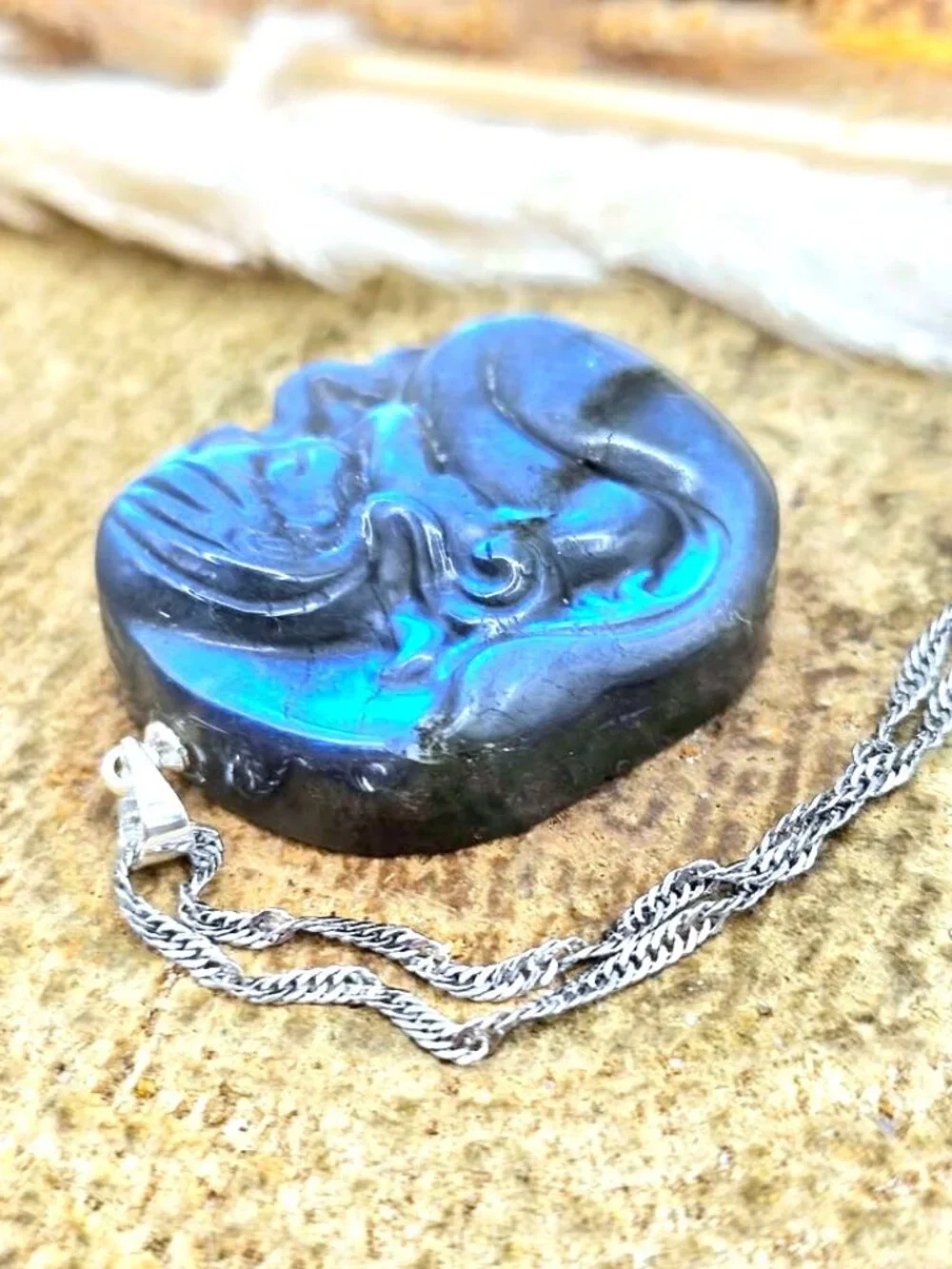 Natural Labradorite Carved Sleeping Mermaid Pendant Necklace
